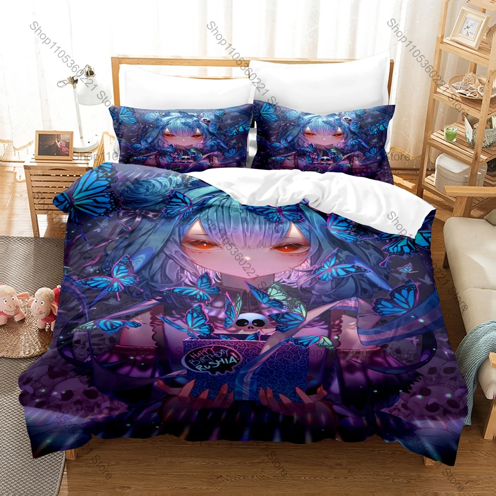 Hololive Uruha Rushia Bedding Set 3Pcs Gothic Lolita Skull Pattern Cute Anime Character Bed Linen for Home
