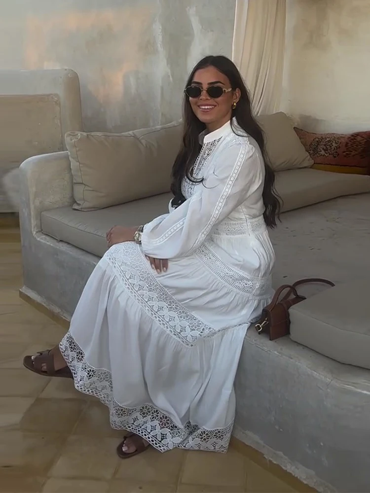 

Lace Crochet Long Dress Hollow Out Waist Cinched Lantern Long Sleeve Solid Color Vintage Robes Pleated Women Maxi Dresses Summer