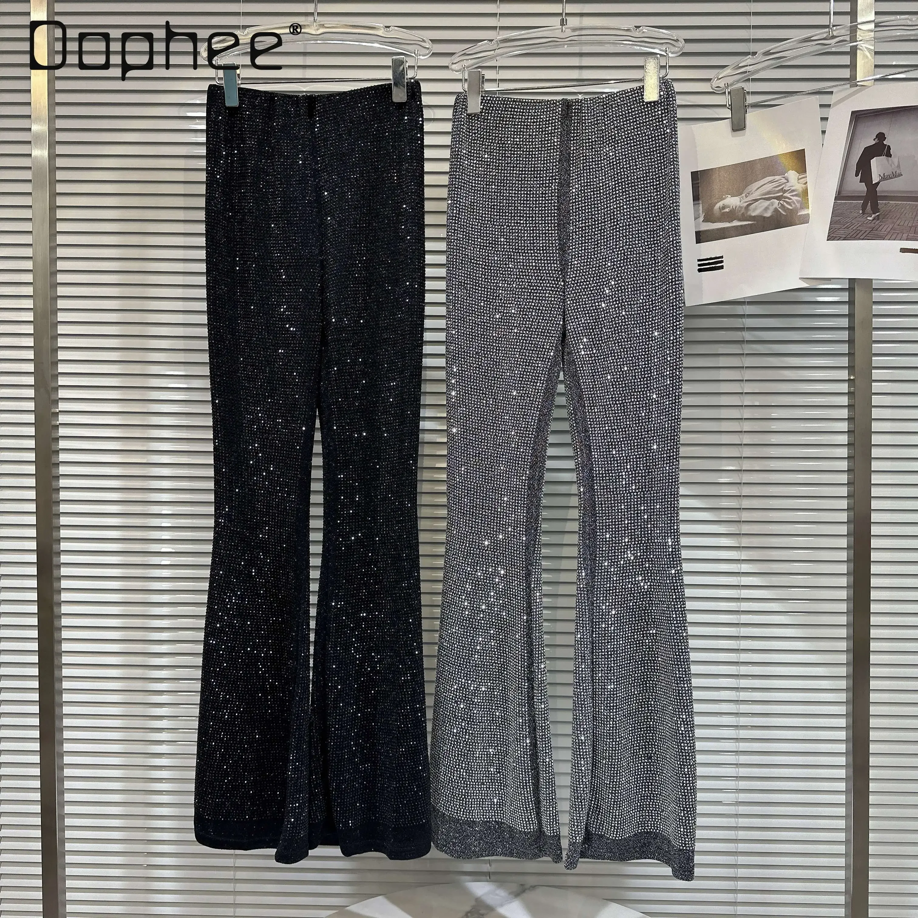 Shiny Rhinestone Flare Pants for Women Sexy High Waist Slim Long Pants Casual Vintage Trousers Party Club Female Trend