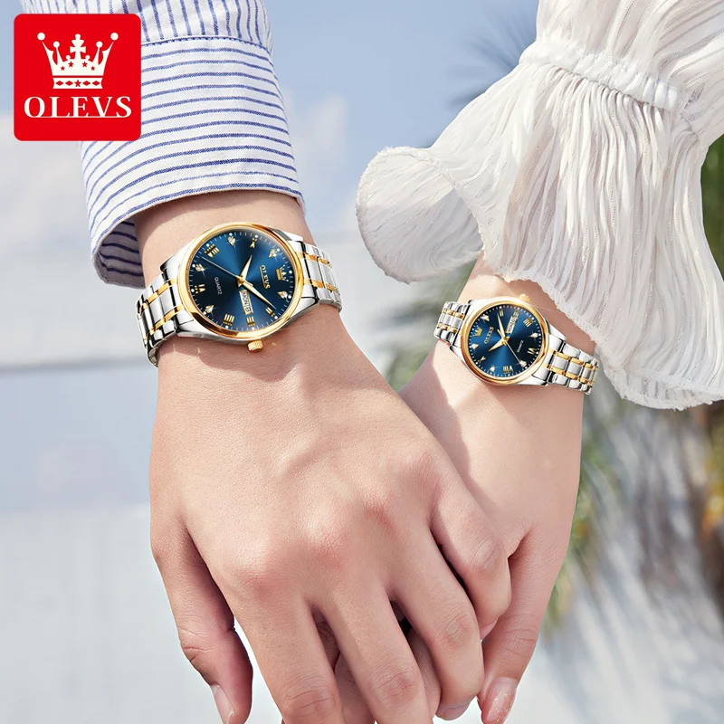 OLEVS-reloj de cuarzo para hombre y mujer, accesorio de pulsera resistente al agua con calendario doble, ideal para regalo de pareja