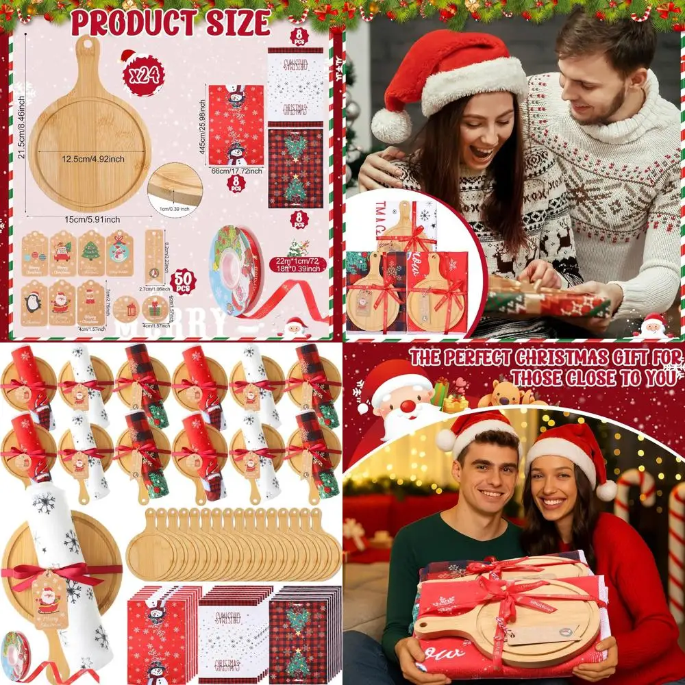 

Массовые рождественские подарки: 24 деревянных доски для пиццы, 24 праздничных полотенца, 50 праздничных бирки и ленты.