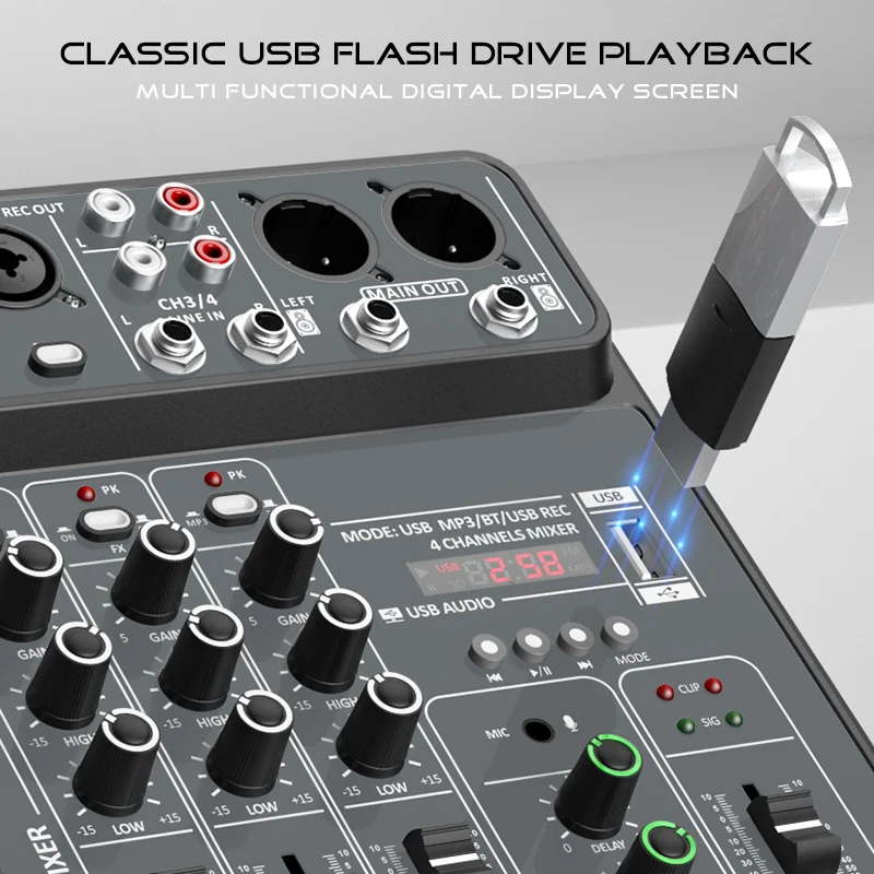 4 Channel Audio Mixer 48V Phantom Power USB Studio Sound Mixers Bluetooth DJ Console Mixing for Karaok - view 5