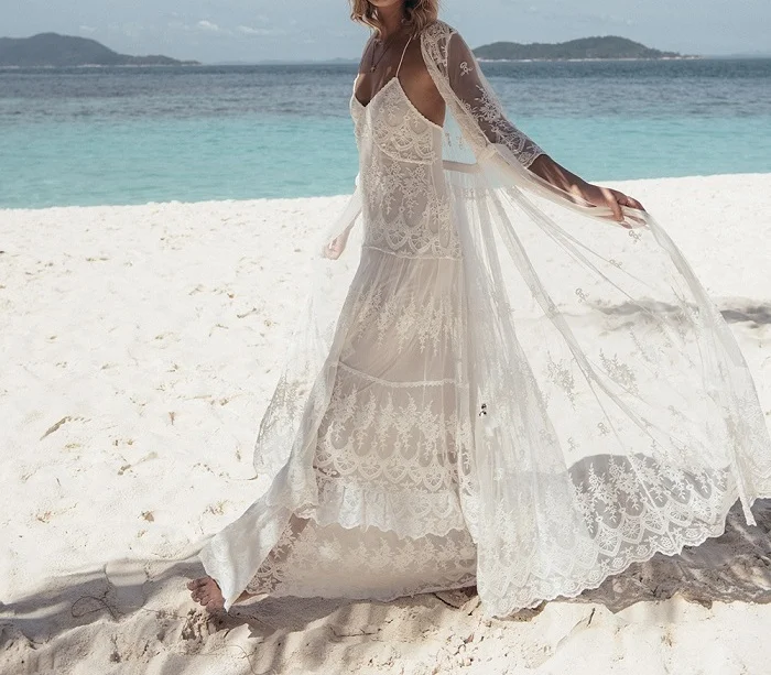 Boho Beach Lace Cover Up Transparent White Lace Tunic Women Beachwear Sexy Sheer Embroidered Maxi Gown