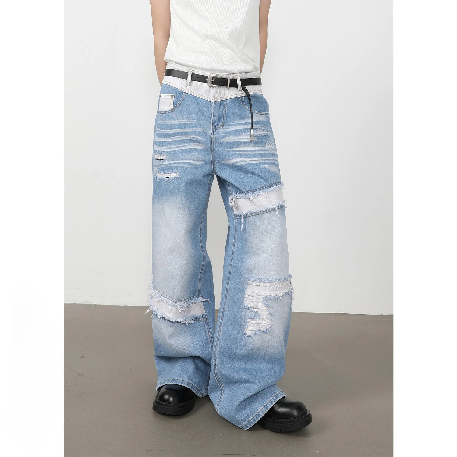 2026 Autumn New American High Street Patch Fake Hole Splicing Fashion Versatile Jeans Men's Loose Straight Pants