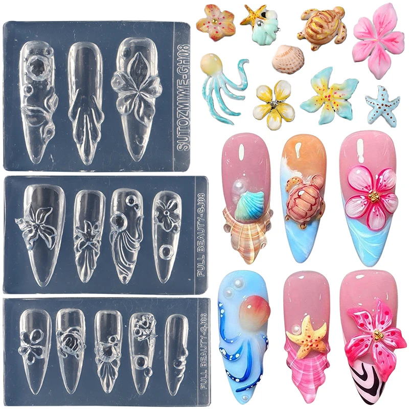 Summer Beach Silicone Nail Molds 3D Seashell Starfish Tropical Flower Carving Template Cute Octopus Turtle Gel Polish Stencils