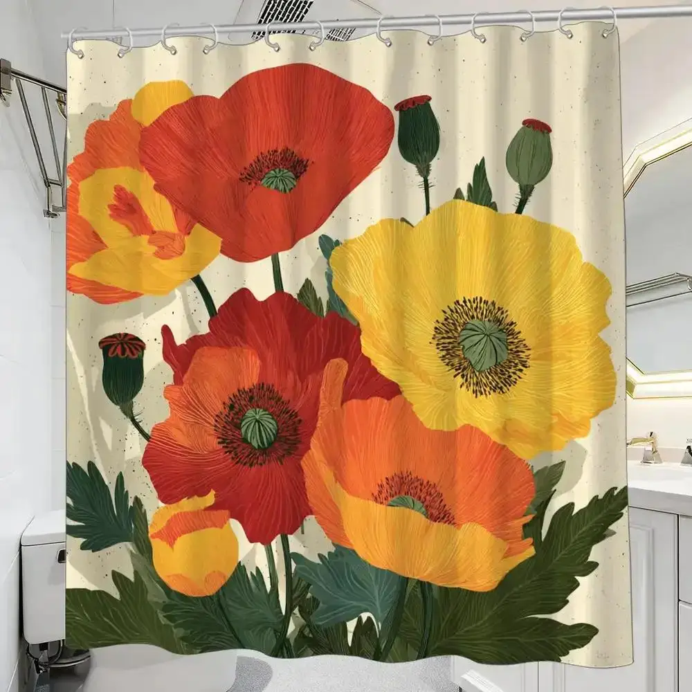 Vintage Poppy Flower Shower Curtain – Illustrated Red & Yellow Poppies, Green Leaves, 12 Hooks,  Waterproof Bath Decor