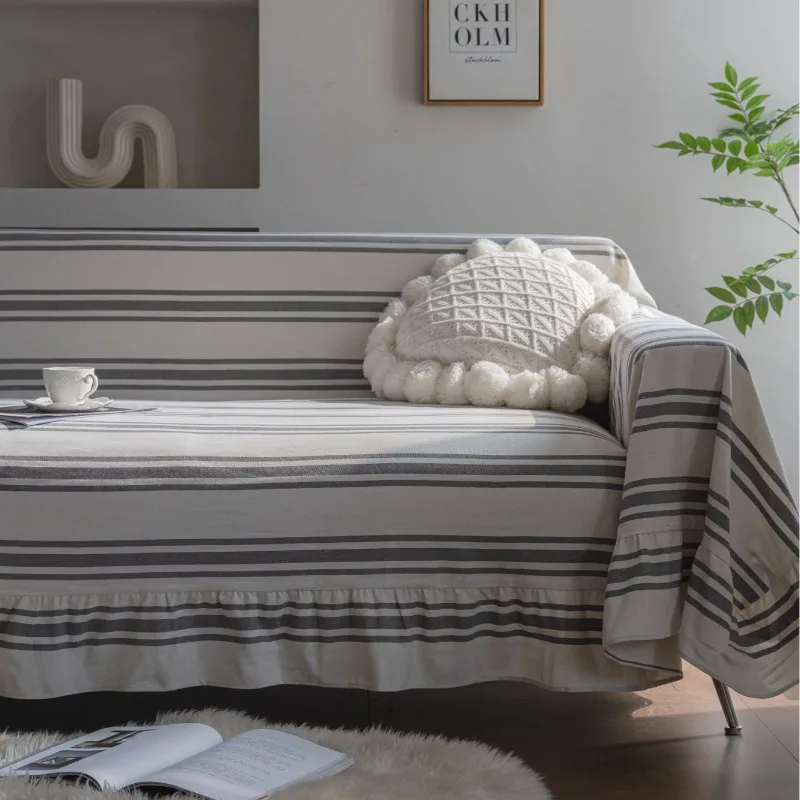 Modern Simple Sofa Cover Gray and White Striped Ruffled Edges Sofa Towel Perfect for A Stylish and Protective Home Decor