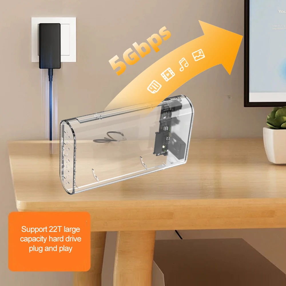 2.5/3.5 인치 HDD/SSD 인클로저 투명 USB 3.0-SATA 외부 HDD 케이스 지원 노트북 용 22TB SSD 박스 고속 어 ,2.5/3.5 inch HDD/SSD Enclosure Transparent USB 3.0 to SATA External HDD Case Support 22TB SSD Box High Speed Adapter for Laptop댑터