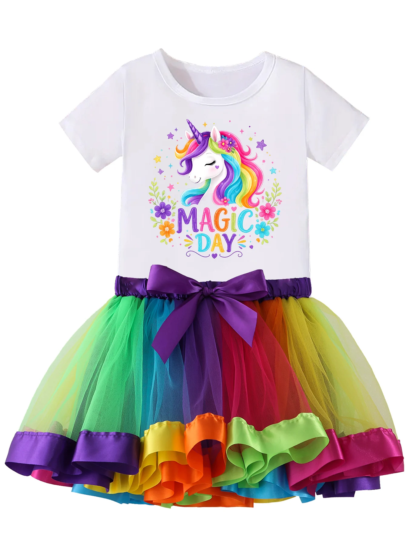 Girls Unicorn Magic Day Print T-shirt Rainbow Tutu Skirt 2Pcs Outfit Kids Princess Bow Tulle Skirt Set Summer Birthday Party Cos