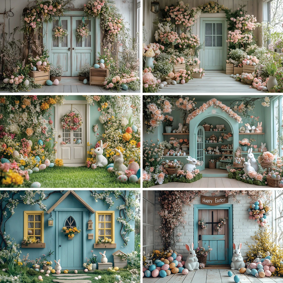 Easter Day Bunny Floral Photography Background Spring Garden Shop Showcase Windows Kids Birthday Portrait Indoor Photo Backdrops