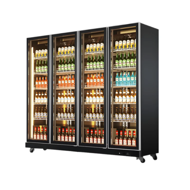 Supermarket Vertical Wine Instant Beverage Coolers 4 Glass Doors Display Fridge with Air Cooling Refrigeration Equipment