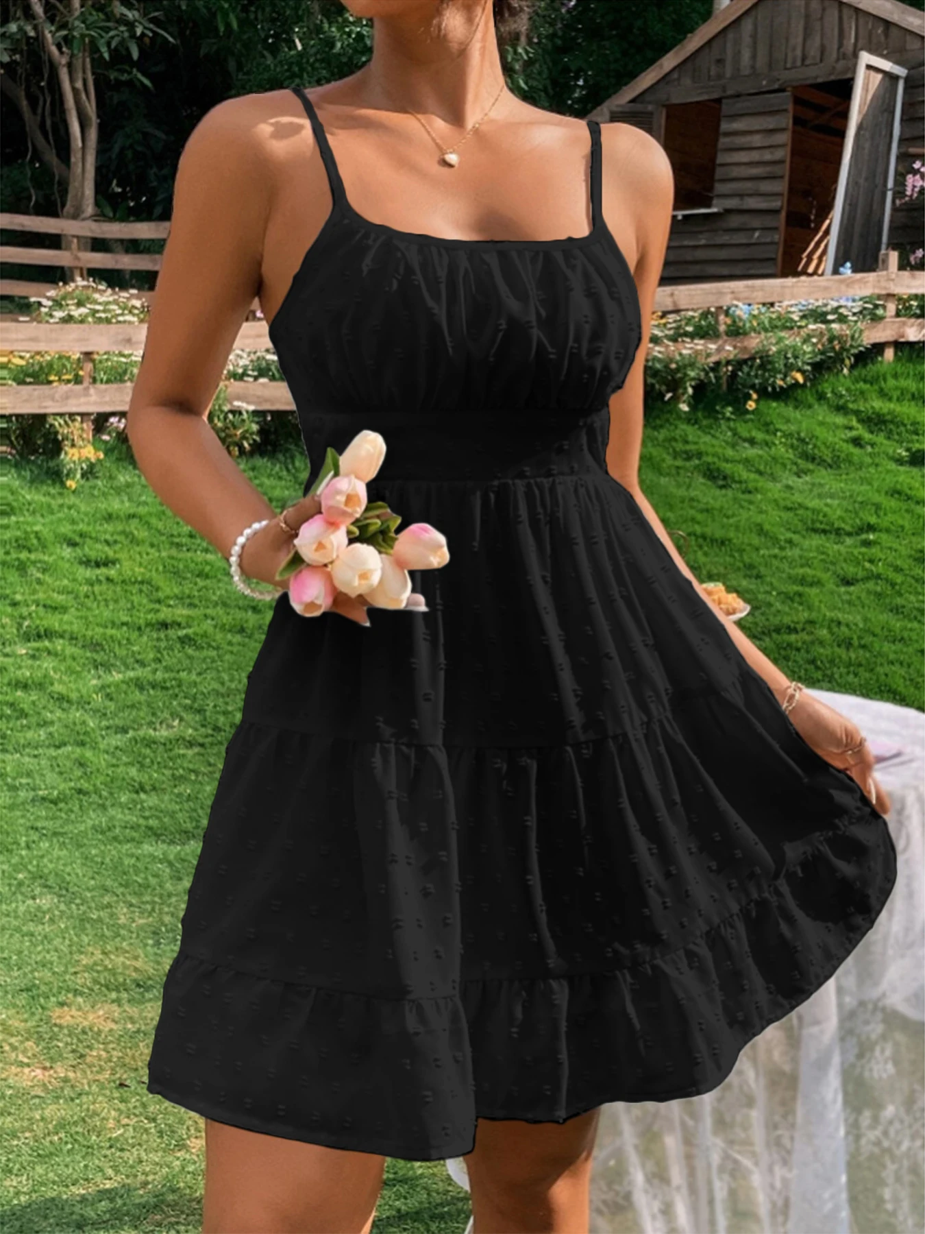 Summer women's sexy waist-cinching ruffled plain color sleeveless camisole dress