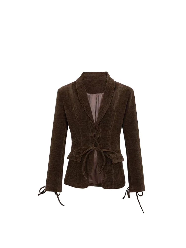 [oein] Chaqueta de traje de cintura marrón de terciopelo de moda francesa para mujer en otoño de 2024, Top elegante y adelgazante