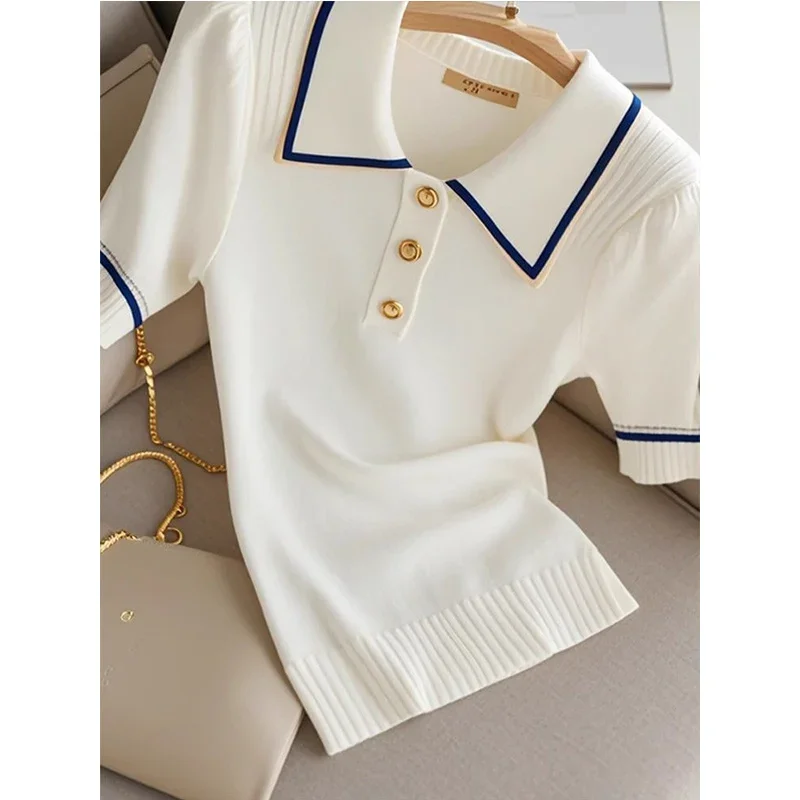 

Ladies Fashion Temperament Patchwork Polo-Neck Knitting Pullovers Summer Simplicity Striped Slim Buttons T-Shirts Women Top Tee