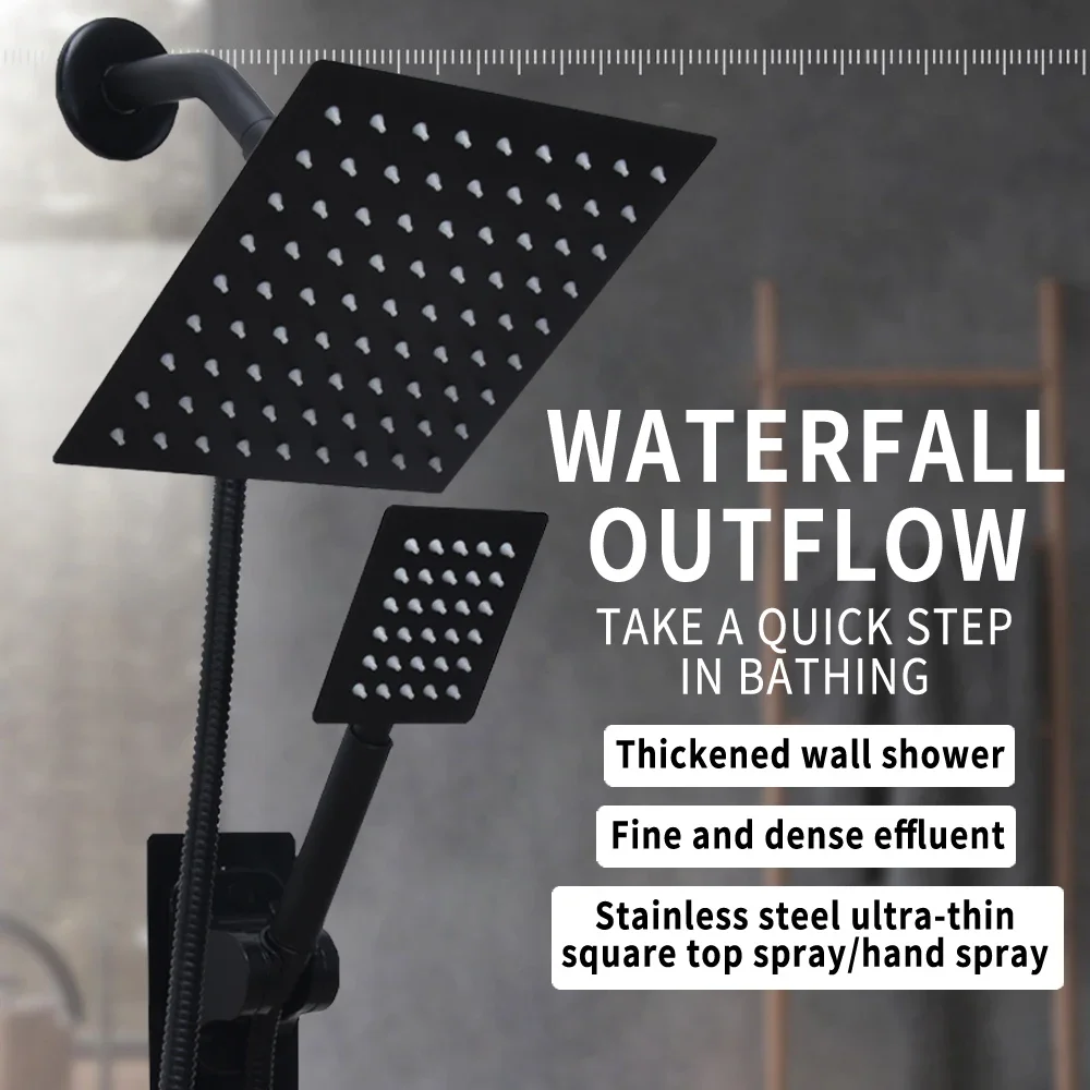 

8-дюймовая насадка для тропического душа с ручной насадкой для душа высокого давления, верхняя насадка для душа со шлангом, черный квадрат высокого давления