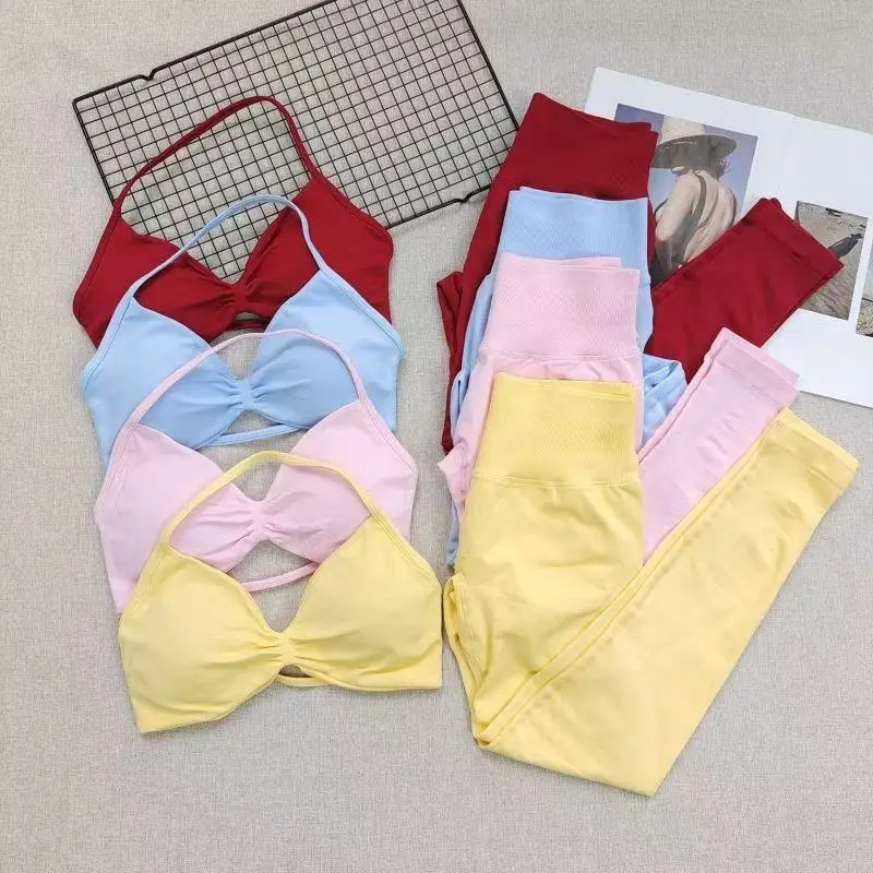 Conjunto de Yoga de 2 piezas, ropa de entrenamiento para mujer, mallas y sujetador de tiras de alta calidad, entrenamiento de resistencia sin costuras, ropa deportiva para gimnasio y Fitness