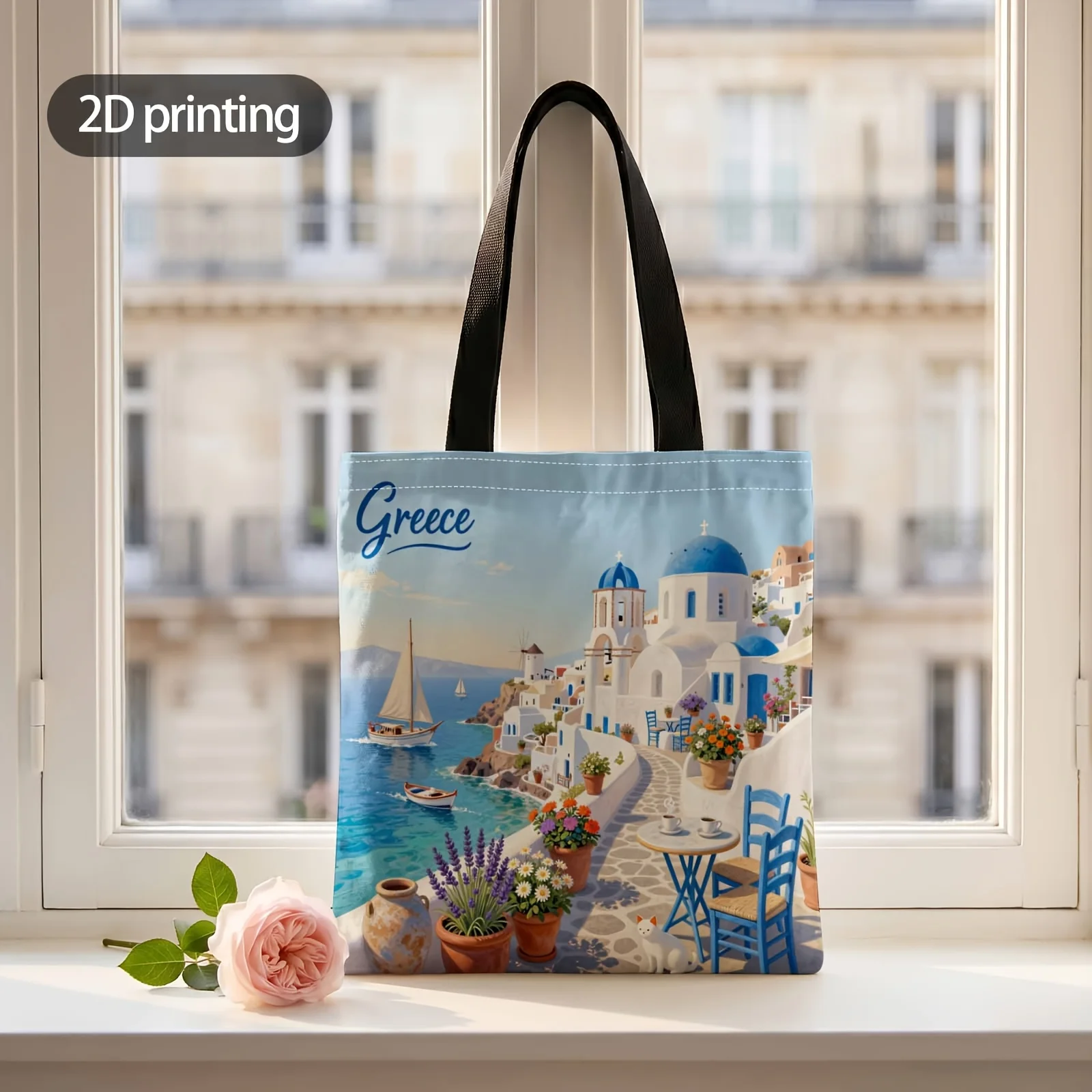 2D Printed Handbag with Santorini Blue Dreams Pattern, Reusable Fashion Shoulder Bag Shopping Tote Bag Suitable for Shopping Off