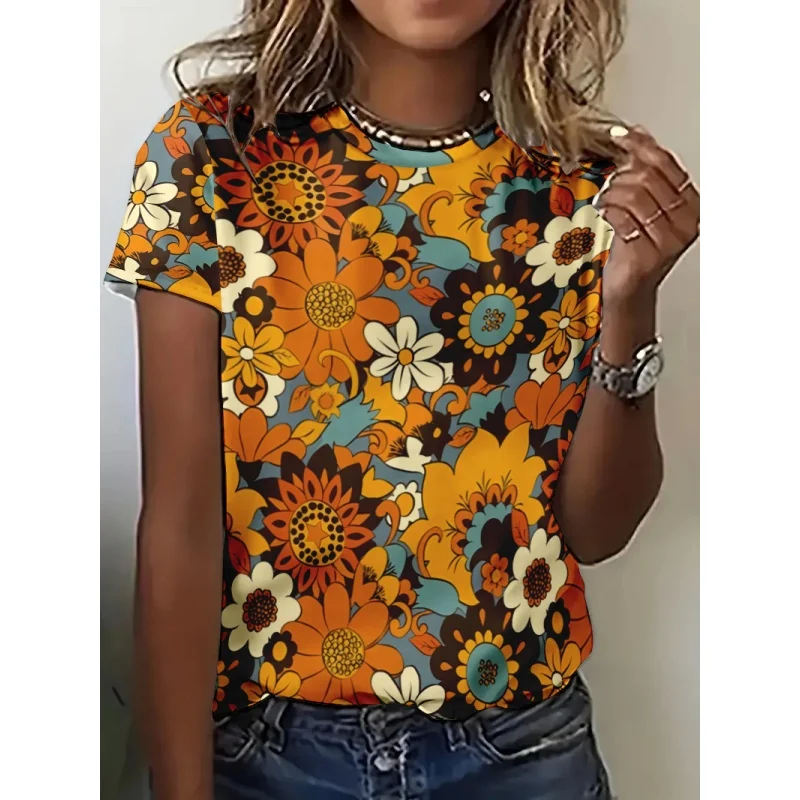

Fun Plants Pattern T Shirt For Women Colorful Flowers 3D Printed Short Sleeves Tees Summer Casual Loose T-Shirts O-Neck Tops