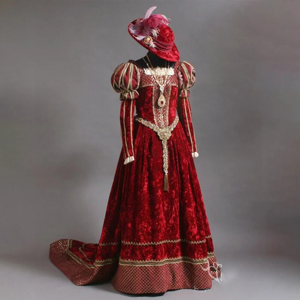 Tudor elisabethanische Königin Hochzeit rotes Samtkleid italienisches Renaissance-Abendkleid historisches Theaterkleid Ballkleid