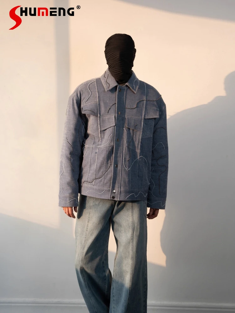 

High-End Faux Denim Parkas Men 2025 Winter New Stylish Loose Comfort Thick Pearl Chic Jackets Long Sleeve Handsome Unique Coats