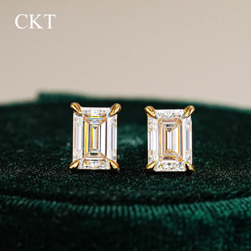 CKT 18k Gold Bohemian Bead Stud Earrings for Women 1ct Emerald Cut Diamond Unique Ethnic Moissanite Wedding Bands Fine Jewelry