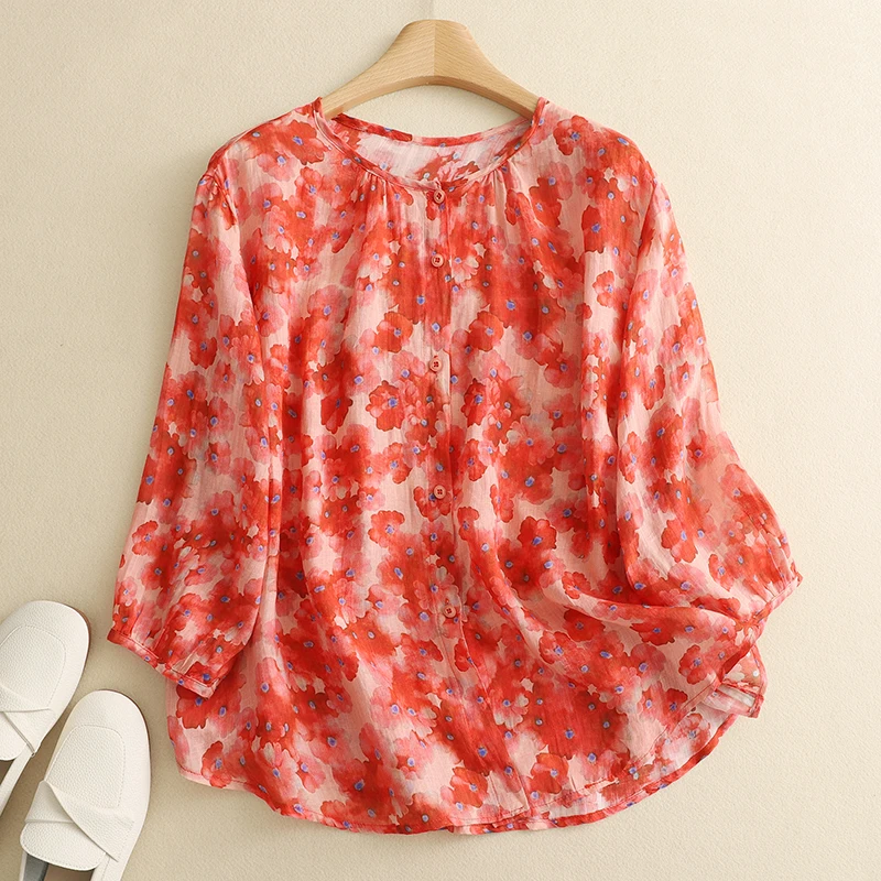 

Linen ort Sve Printed irt Women's Loose Fit Summer New Sle Versatile Top Red Flower T-irt round Ne Button Closure