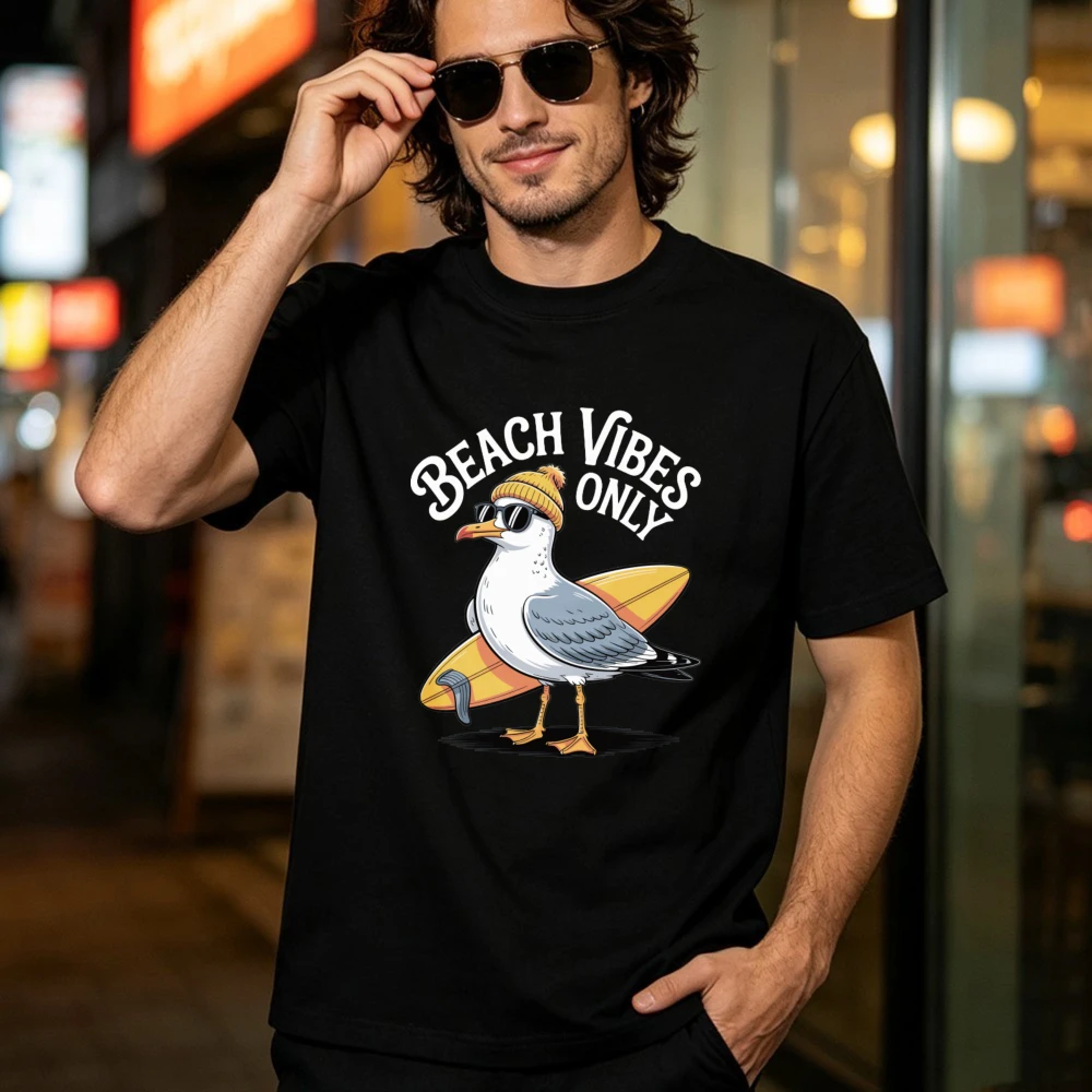 Beach Vibes Unisex Tee Trendy Cotton Tshirt Men Cool Seagull Surfboard Graphic Tops Summer Ocean Vacation Casual Street Apparel