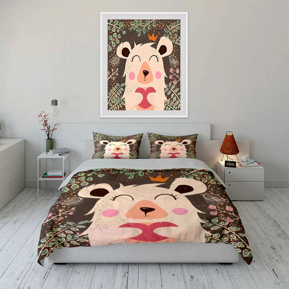 Smiling bear holding a heart Print Soft Comfortable Duvet Cover Bedding Set Included 1*Duvet Cover  2*Pillowcases