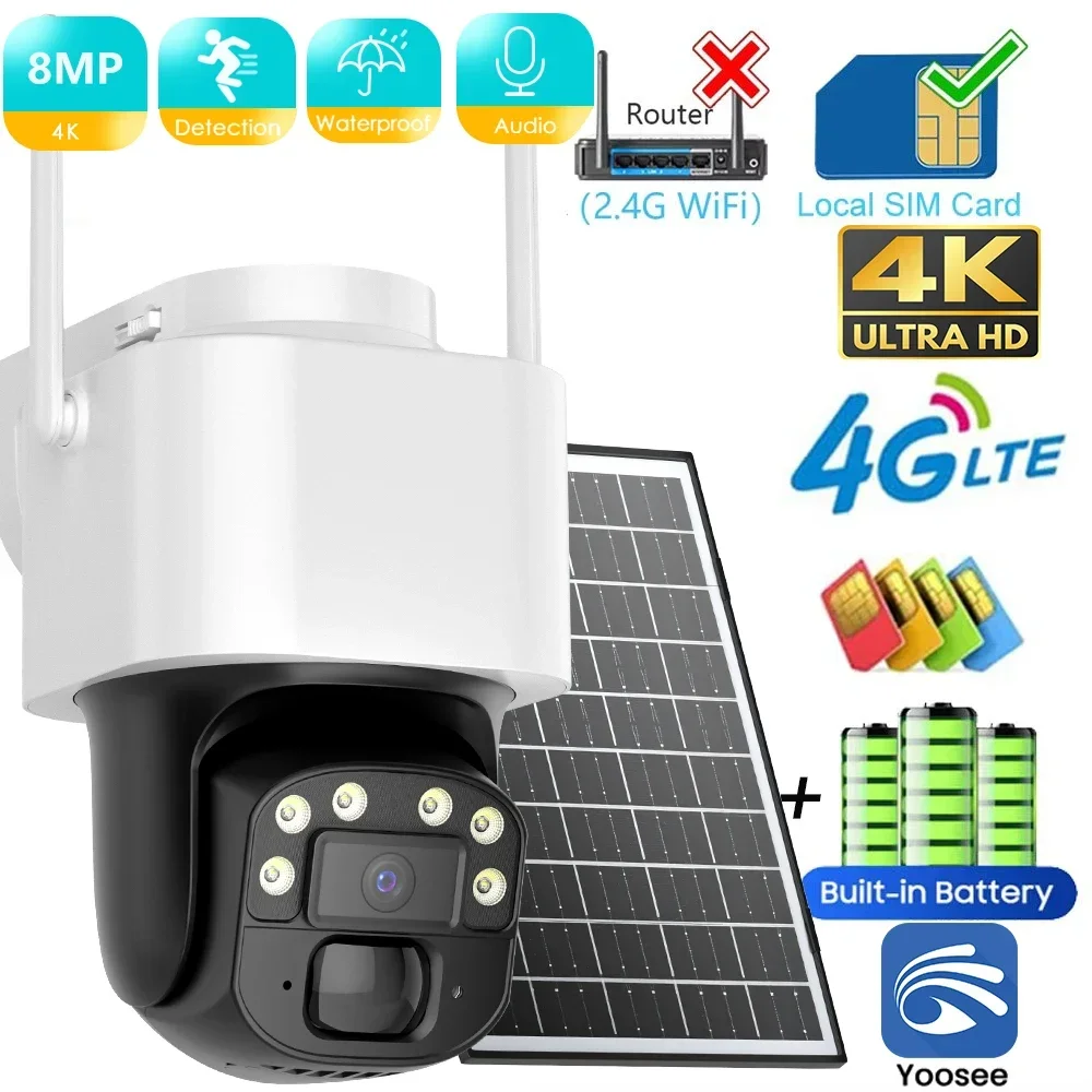 

Outdoor 4G SIM Solar Camera 8MP Security PZT IP Camera Built-in 10400mAh Battery AI Auto Detect Tracking Yoosee App Compatible