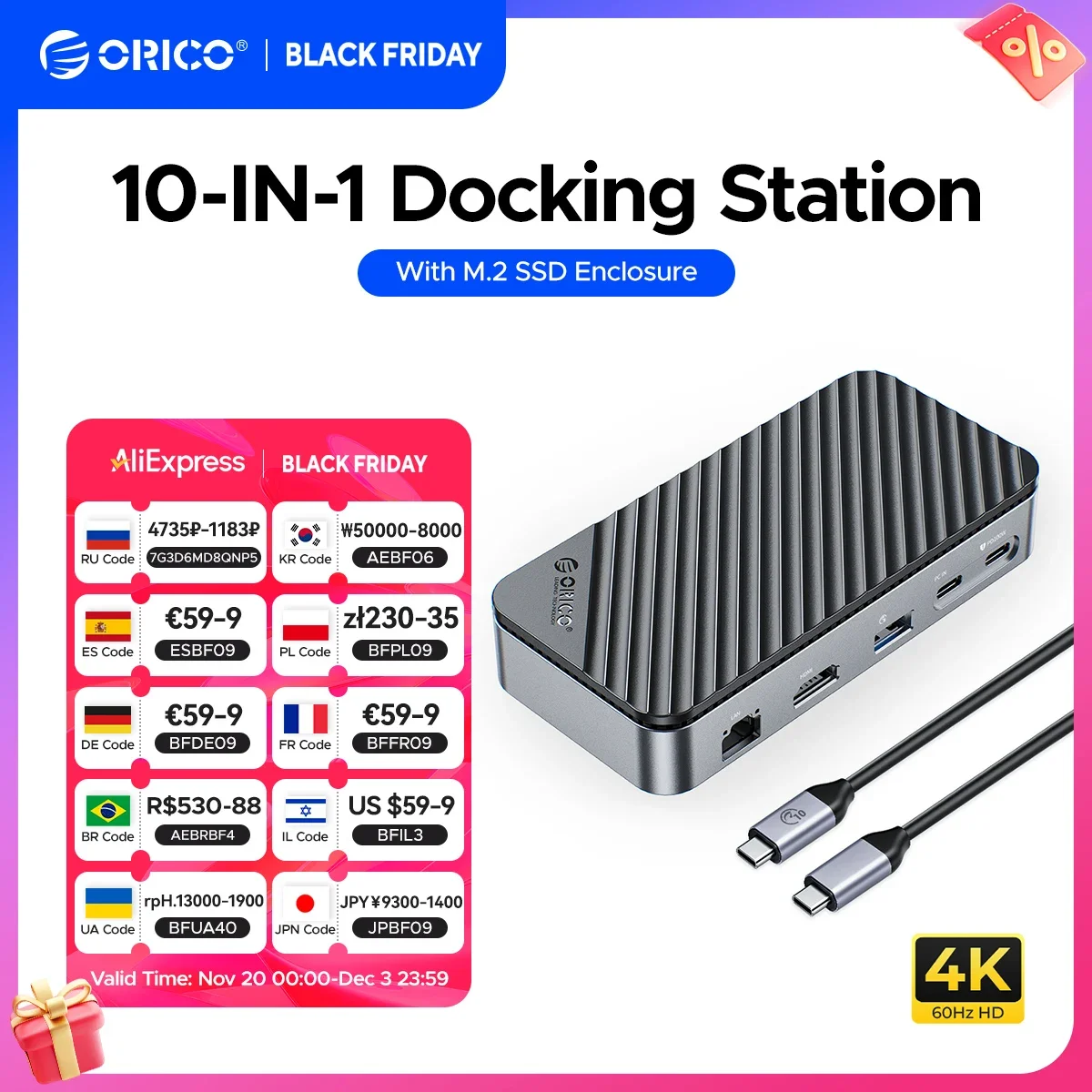 

Корпус ORICO M.2 SSD M.2 NVMe Внешний адаптер корпуса SSD 10 Гбит/с 4K 60 Гц SD/TF USB-док-станция типа C HUB с охлаждающим вентилятором