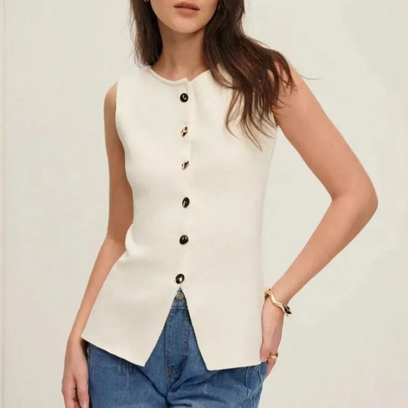

Elegant Solid Women Vest Tops Sleeveless Gold Button Single Breasted Slim Female 2025 Summer New Fashion Lady Knitted Tank