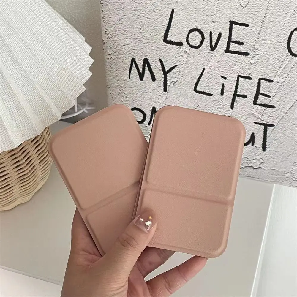 Desktop Makeup Mirror Solid Color PU Leather Simple Portable Handheld Makeup Mirror Foldable Student Compact Cute Pocket Mirror