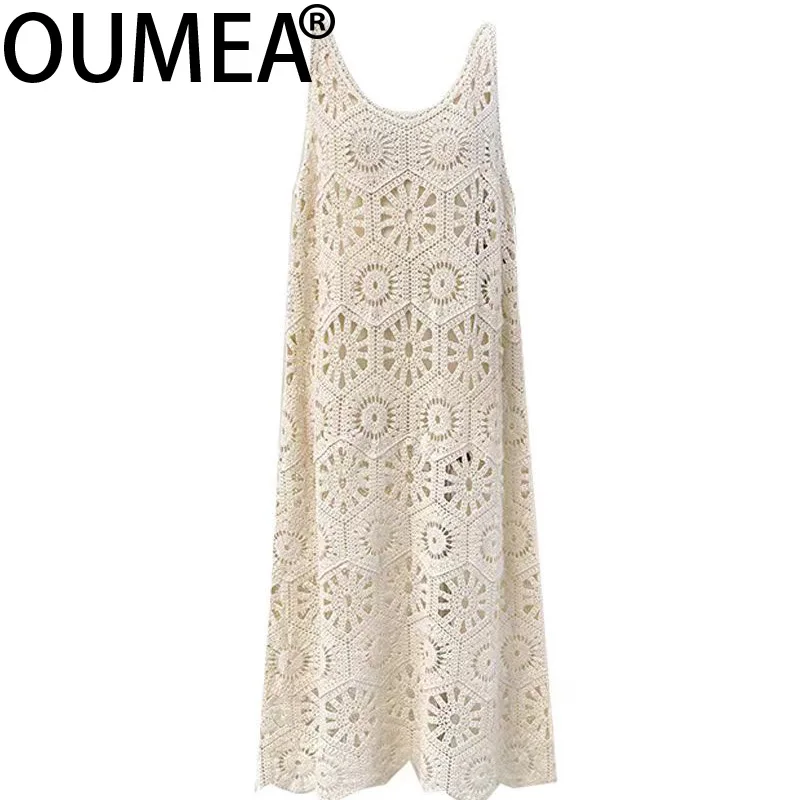 OUMEA Women Crochet Tank Dress Vintage Summer Knitting Sleeveless Chic Dress For Women Casual Sweet Korean Style Beach Dress