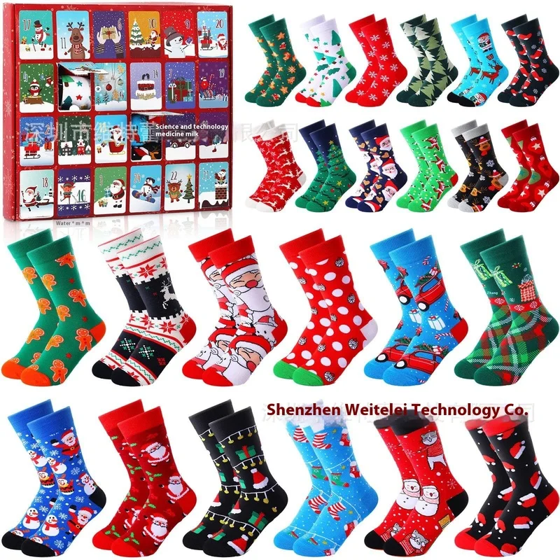 24days Countdown To Christmas Advent Calendar Mid-Calf Length Christmas Themed Socks Blind Box Cartoon Santa Claus Sock For Gift