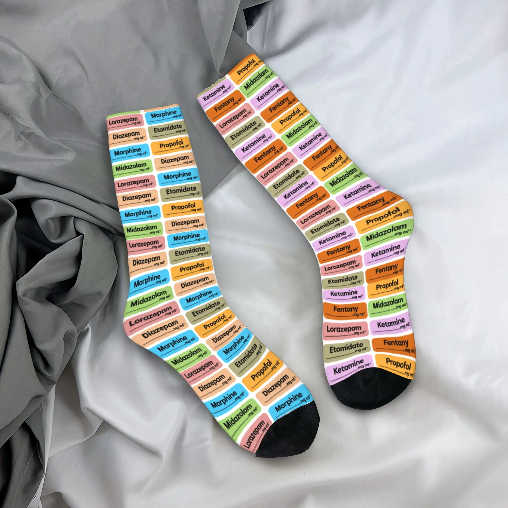 

Custom Kawaii Printed Medical Nurse Anesthesia Medication Labels Socks for Men Women Stretchy Summer Autumn Winter Crew Socks