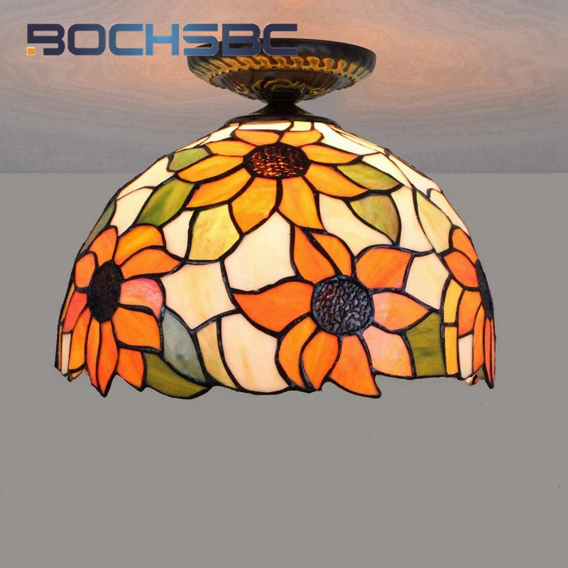 BOCHSBC Tiffany Pastoral style 12inch sunflower glass ceiling light Deco Dining Room chandelier Bedroom hallway  Overhead light