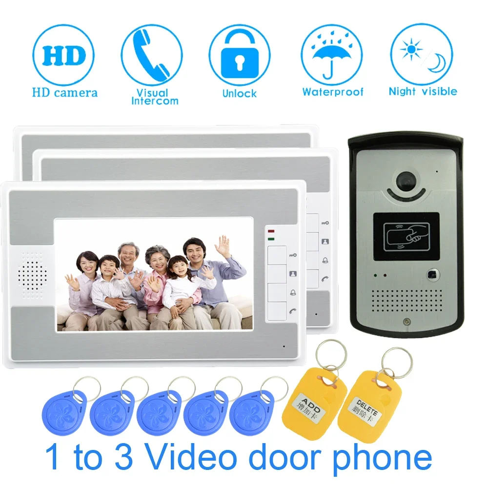 

1Set 1 to 3 Video Door Phone System RFID Card Unlock Wire Door Bell 7Inch Color Display Waterproof Camera Night Visible