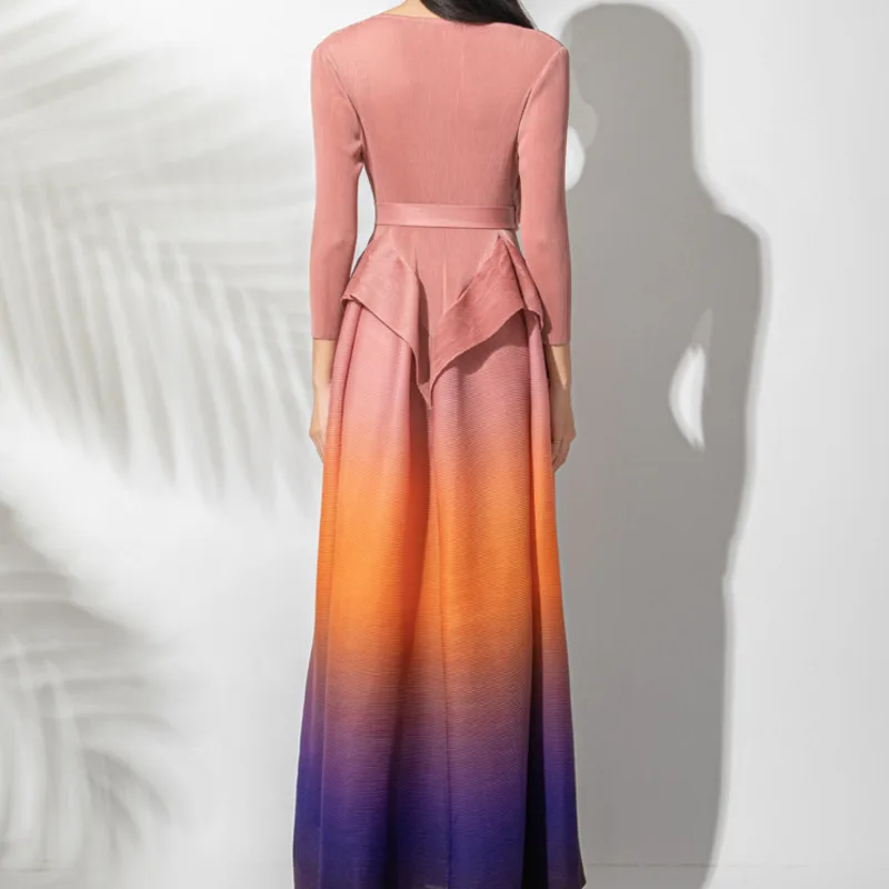 YFPF أنيقة التدرج فستان طويل المرأة مياكي مطوي ثلاثية الأبعاد زهرة تقسم الدانتيل متابعة تجمع الخصر فساتين الحفلات موضة 2026 جديد