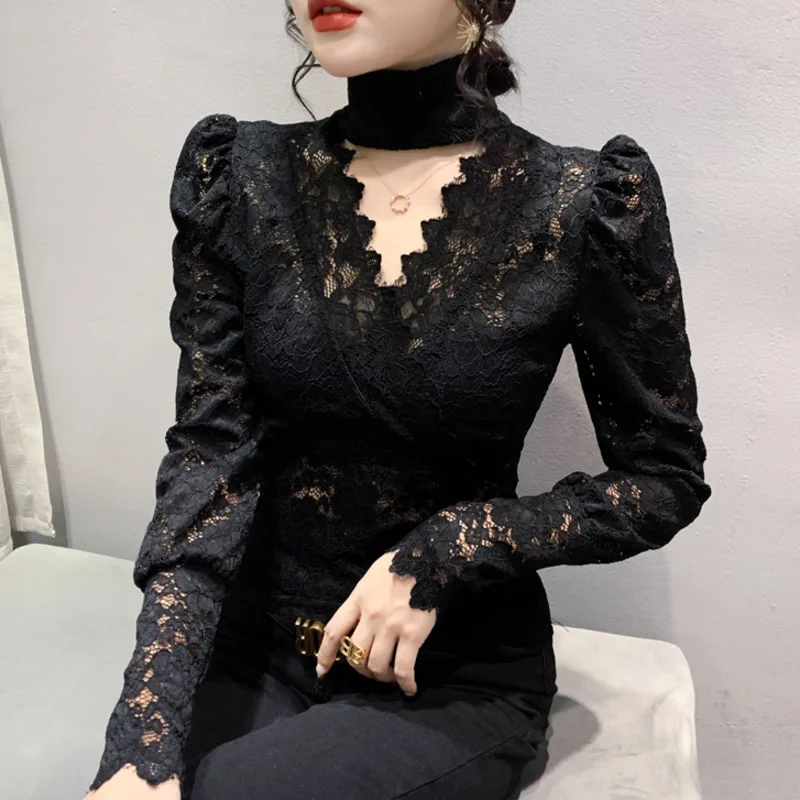 #8322 Black White Khaki Vintage Short Lace T Shirt Women Sexy Hollow Out Wrap T-Shirt Female Long Sleeve Thin Turtleneck Tight