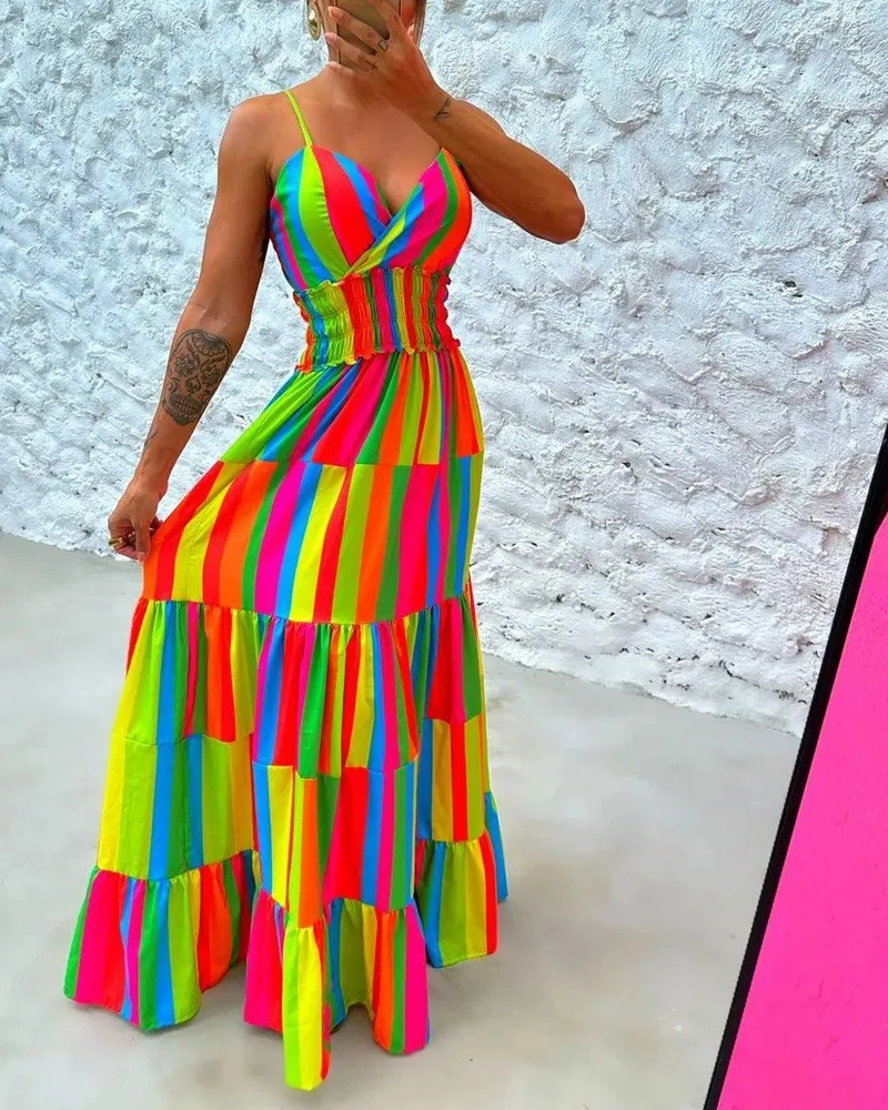 

2023 Rainbow Stripe Print Halter Backless Maxi Dress Women New Spring Summer Long Loose Dress Sleeveless V Neck Sexy