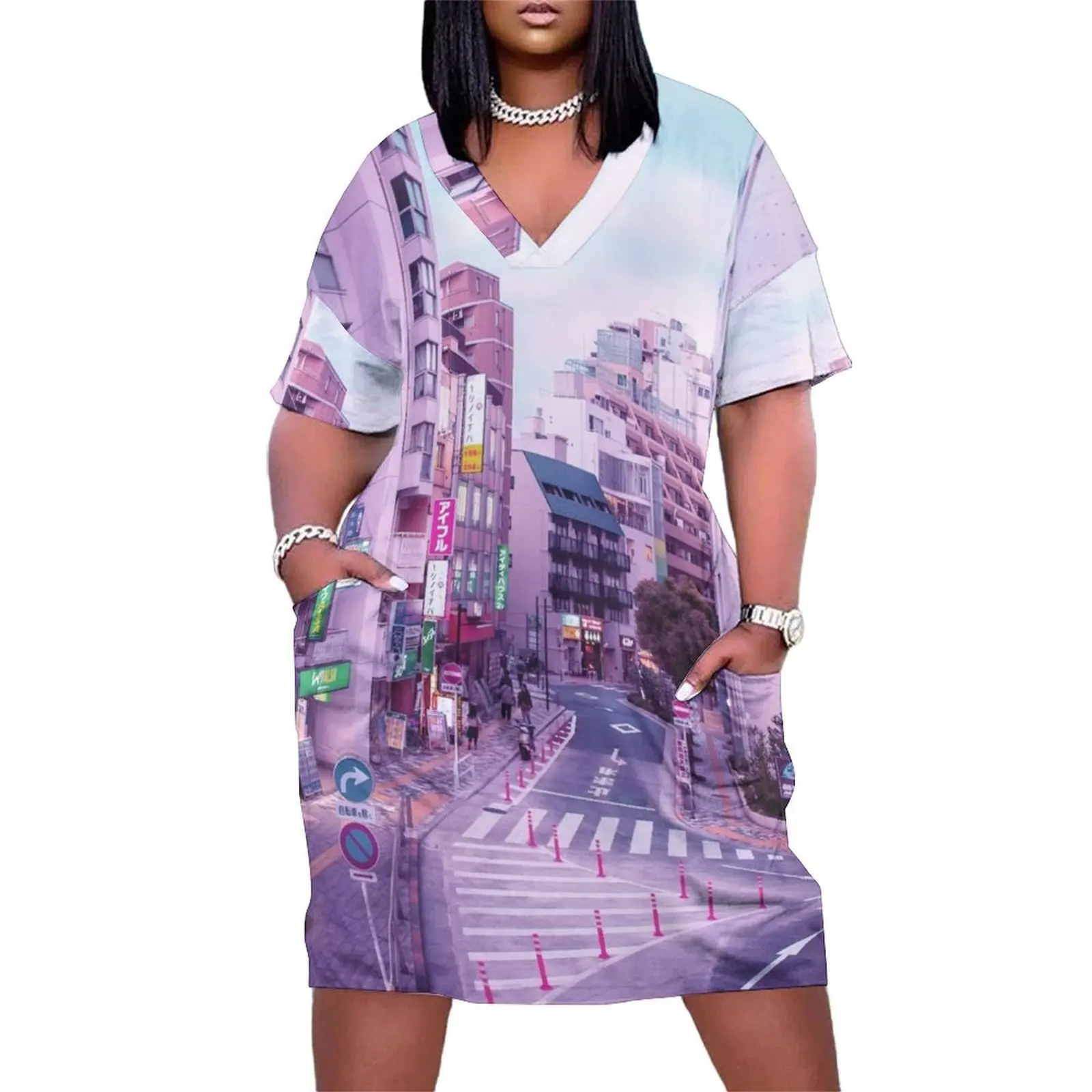 

Pink City Pop Aesthetic Tokyo Japan Poster Vaporwave lofi moody vibe Loose Pocket Dress women party dresses Female dress