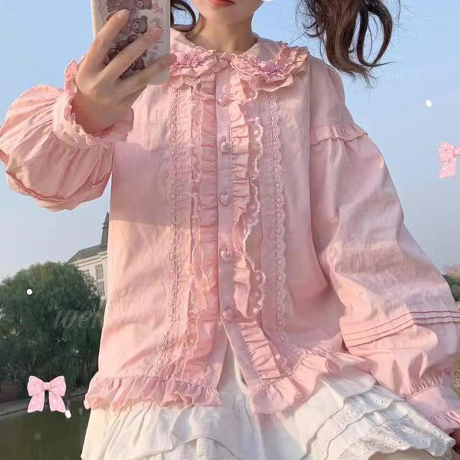 Japońskie słodkie bluzki Lolita damskie Kawaii cukierki kołnierz piotruś Pan JK Shirt topy dziewczęce urocza koronka falbany bufiaste rękawy szykowna bluzka