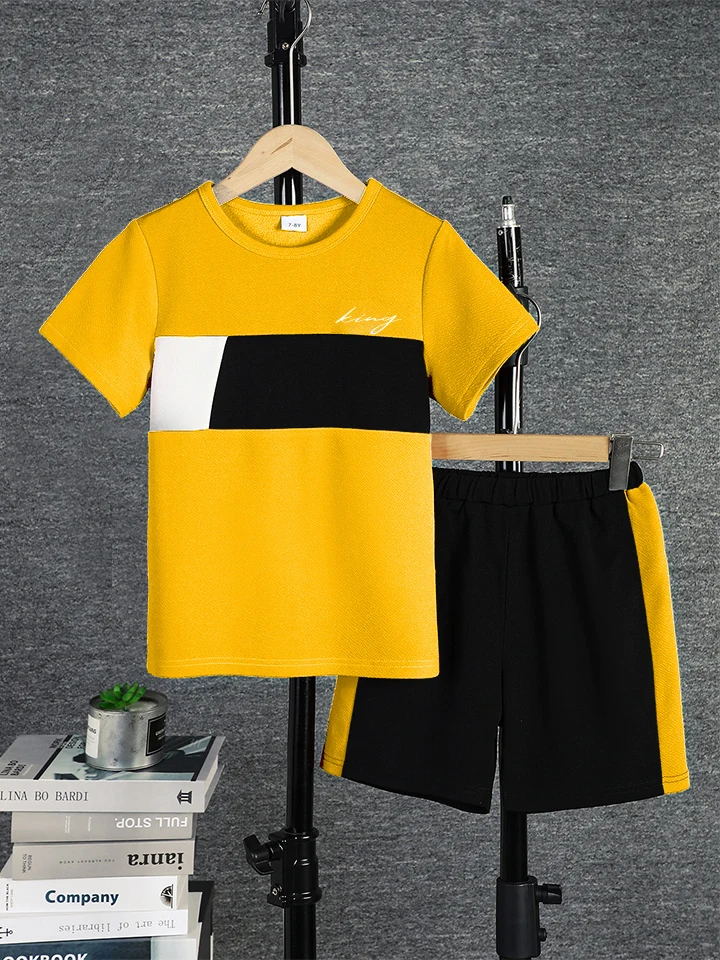2-teiliges Set für Jungen, lässiges Outfit, Farbblock-Kurzarm-T-Shirt und Shorts, bequeme Sommer-Kinderkleidung, 8 Farben für Alter 7–15 Jahre – Detail 11