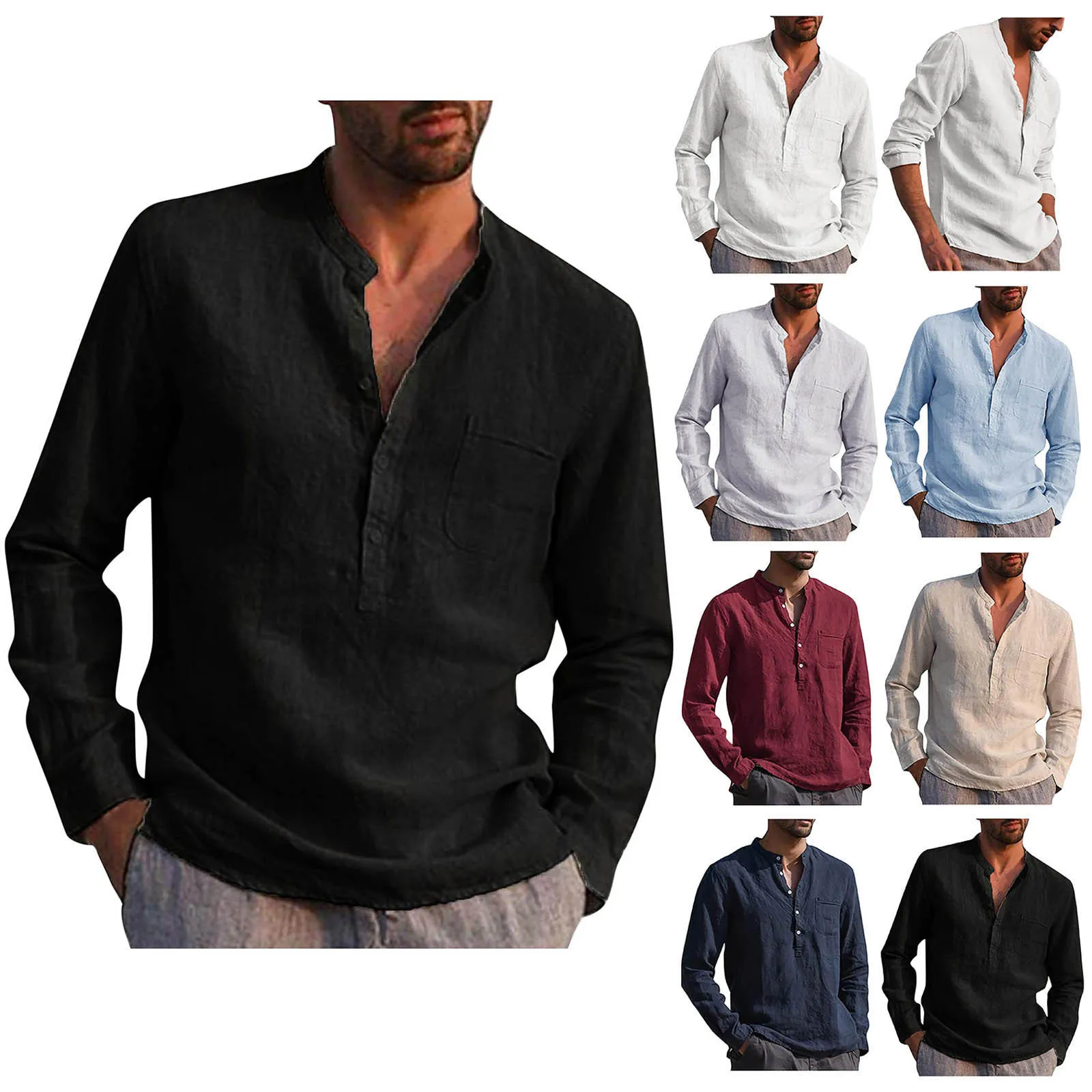 Cotton Linen Long Sleeve Shirts Spring Daily Commute Casual All-Match Shirts Classic Solid Color Loose Stand Collar Shirts