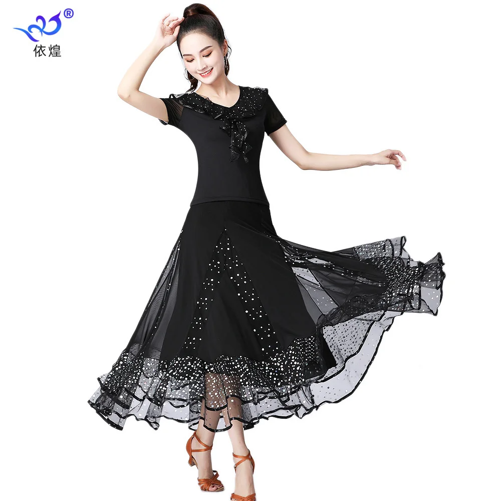 Womens Ballroom Gauze Skirt Costume Latin Party Dress Fashion Dancing Practice Elegant Long Swing Skirt Performance Clothes