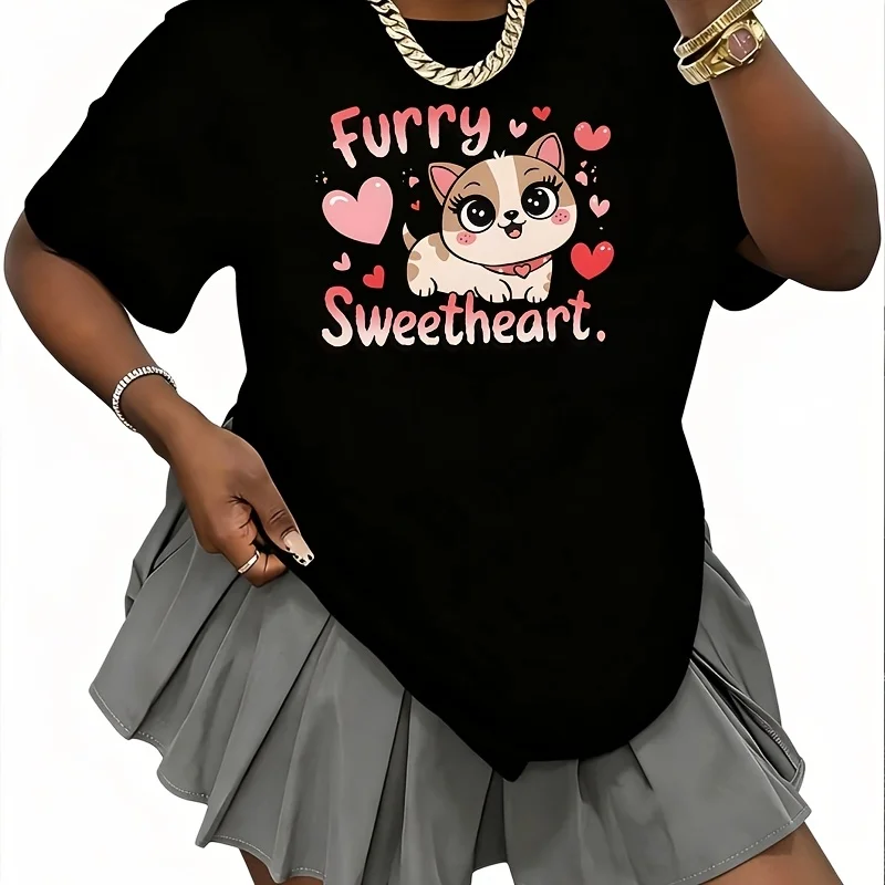 Brown & White Cat with Red Collar Heart Charm Women's 100% Cotton T-Shirt Fun Print Short Sleeve Top Casual Round Neck Tee S-5Xl