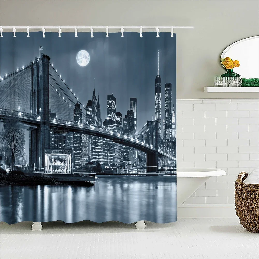 New York London Bridge Shower Curtain Printed Waterproof Fabric Polyester  City Scenery Night View Bath Curtain Bathroom Decor