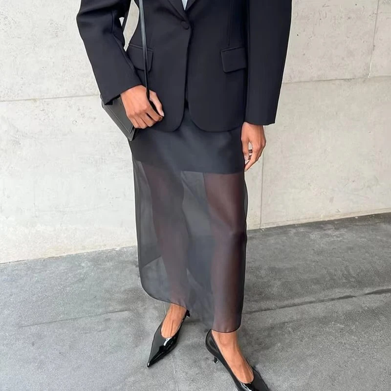 Black Mesh Skirts for Women Double-layer Design Sexy Perspective High Waist Slit Hip Skirt Female Thin Loose New Summer