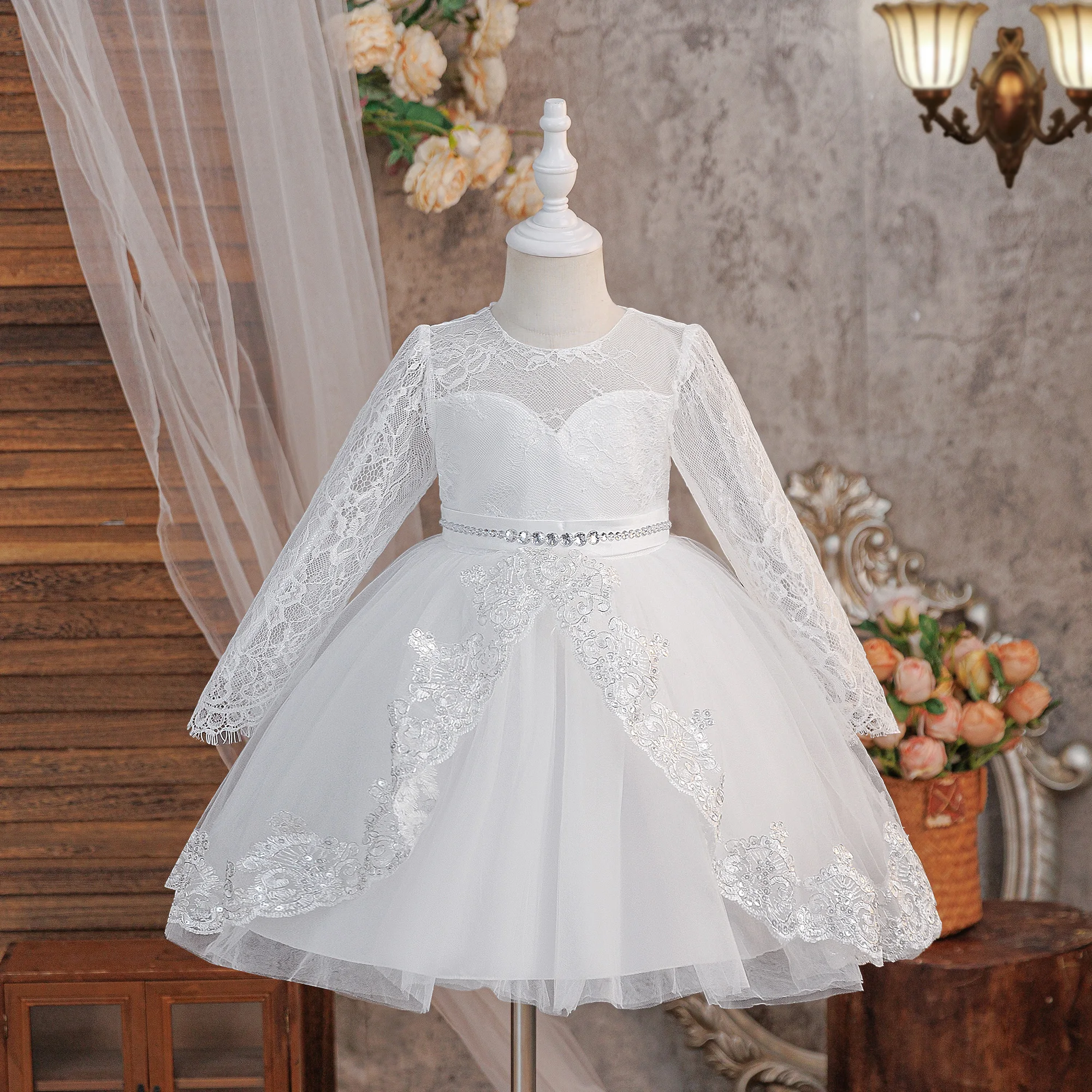 Elegant Baptism Bridesmaids Party Girl Dress Flower Wedding Birthday Princess Prom Dress Girl First Communion Graduation Costume