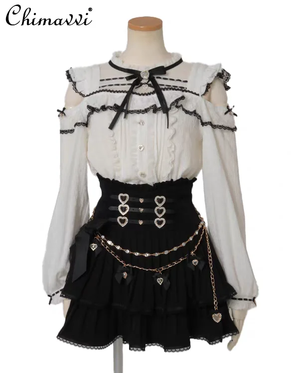 Liz Japanese Sweet Cute Shirt Spring Cute Girl Elegant Princess Mass-Produced Lolita Lace Patchwork Off-Shoulder Blouse Top